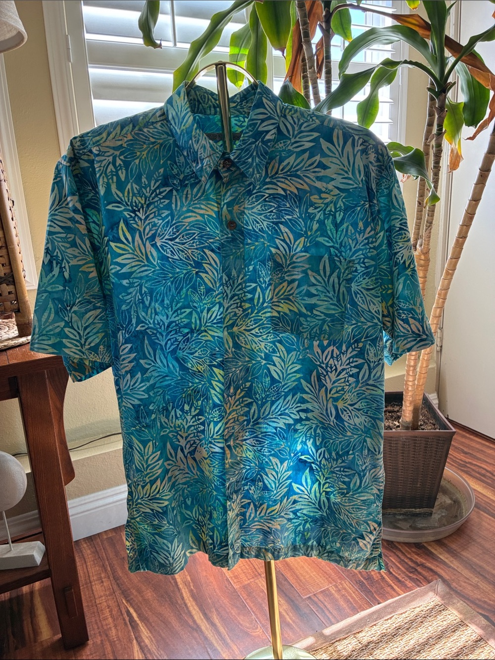 Ron Jon Teal Leaf-Print Short Sleeve Button-Down Shirt